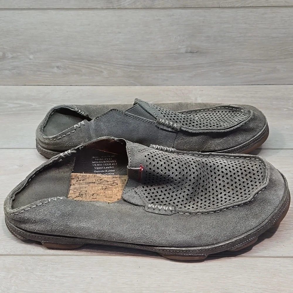 Olukai Men's Moloa Kohana Leather Gray Loafers Slip On Shoes Sz 11.5